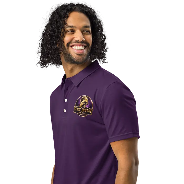 Model wearing a purple Try Jesus Media polo shirt